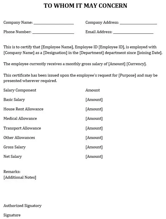 Salary Certificate Template