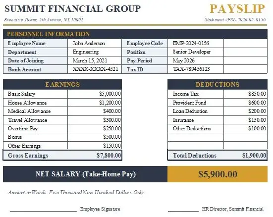 Salary Payslip paystub Template 5
