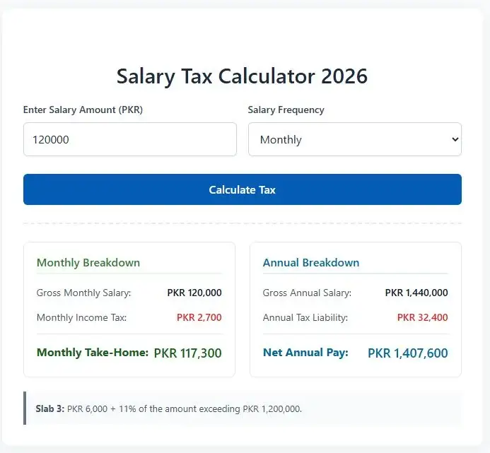 Income Salary Tax Calculator 2026 Pakistan Monthly Yearly